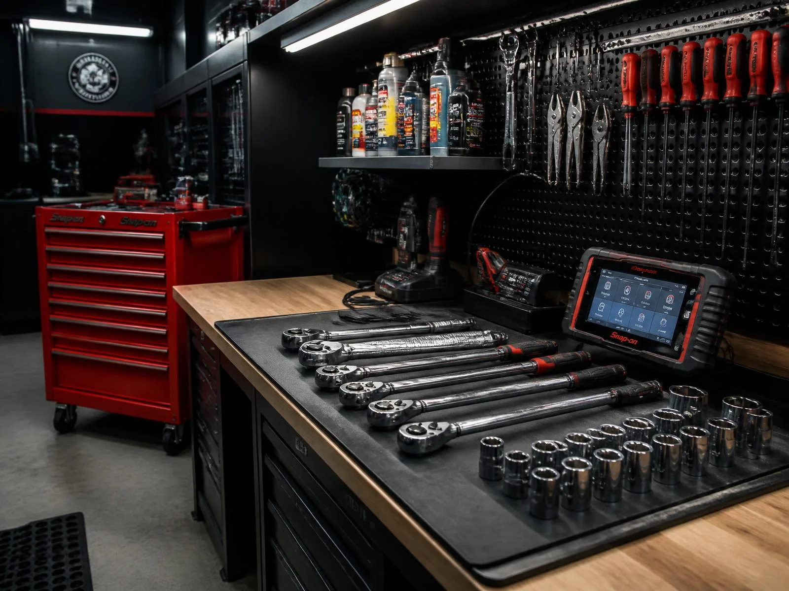 Tool chest, torque wrenches, and diagnostic equipment at the D.E. Torque Garage workbench