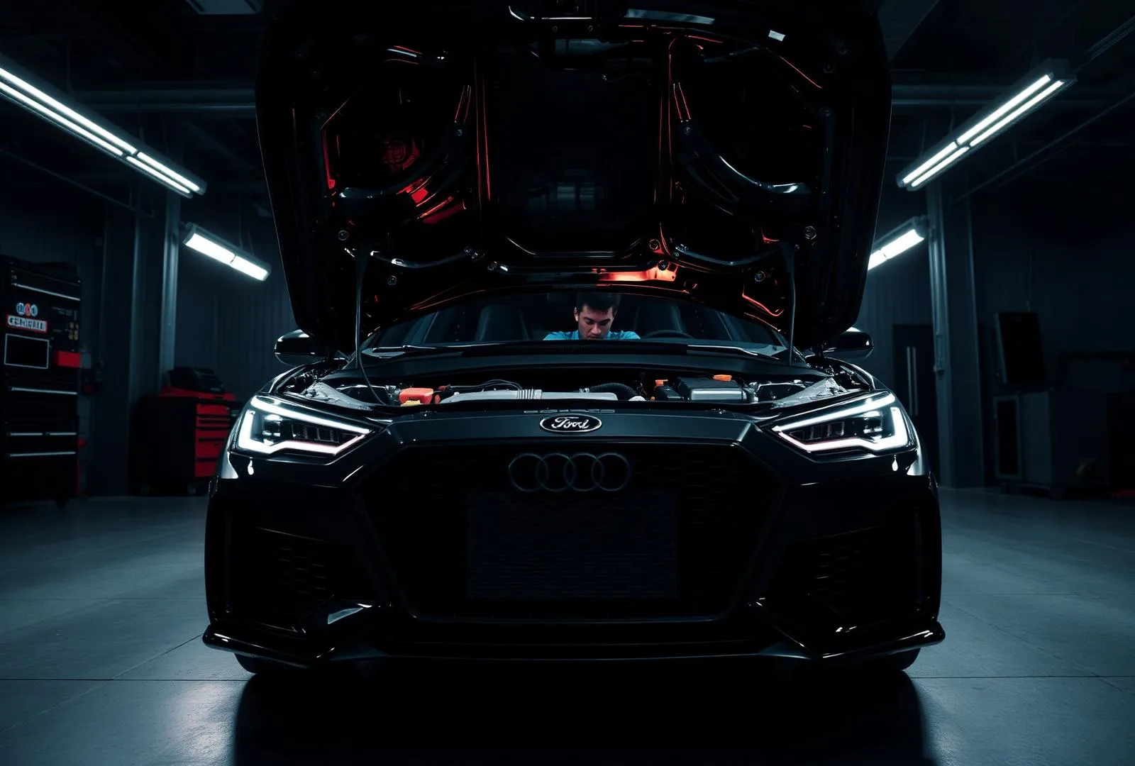 Technician working in an open engine bay