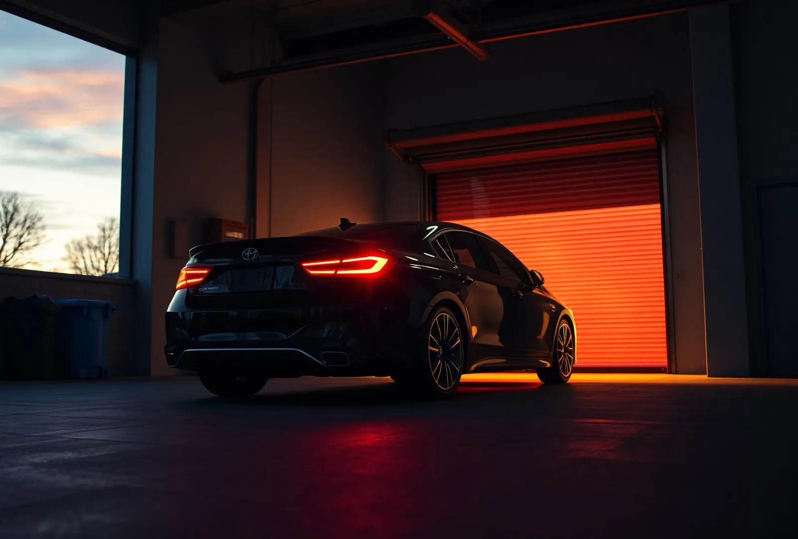 Serviced vehicle parked in the shop at dusk