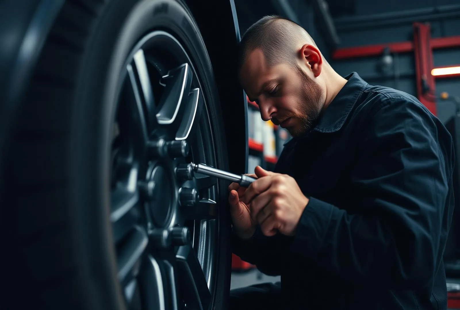 Technician torquing wheel lug nuts