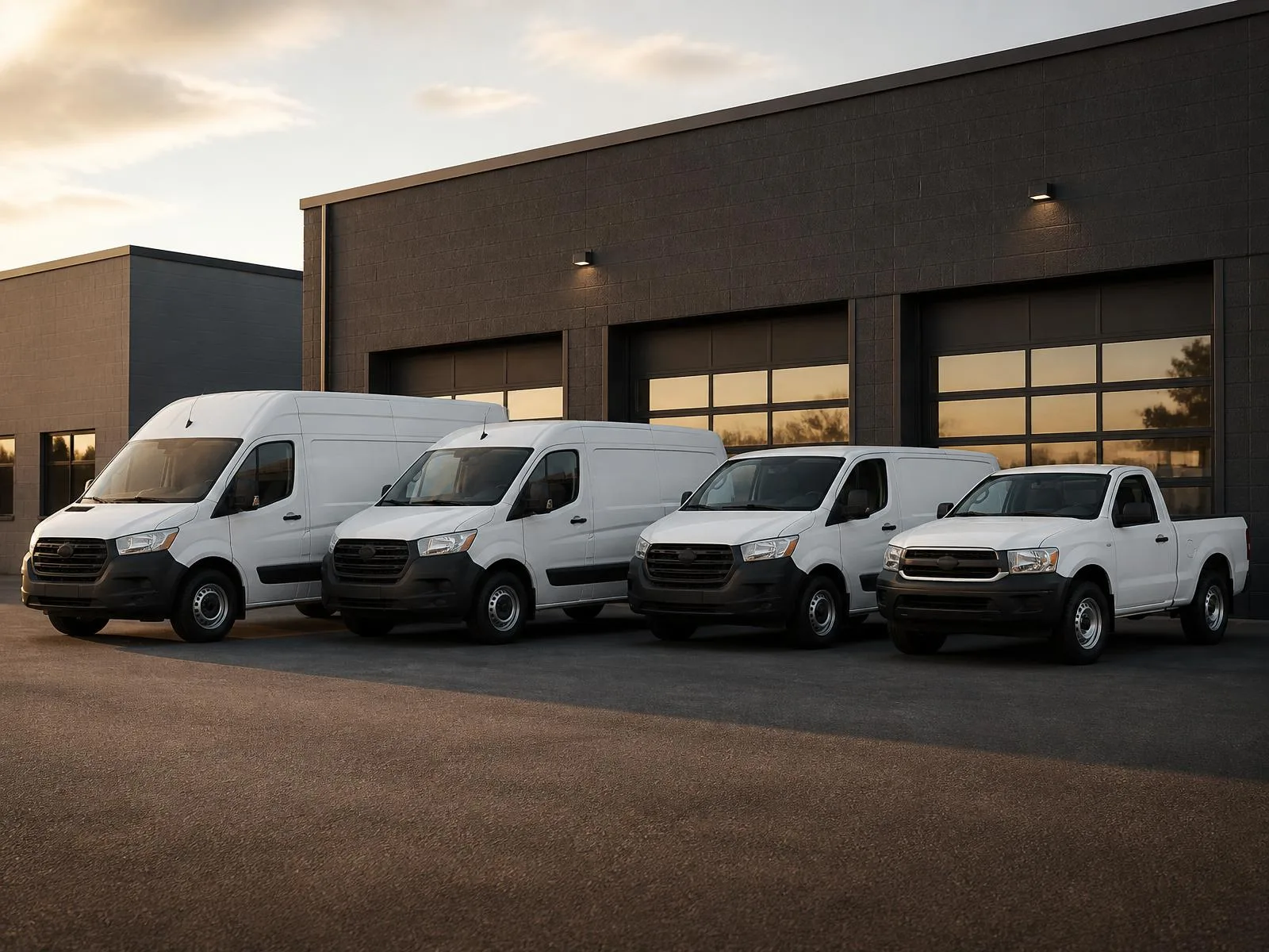 Commercial work vans and trucks parked outside D.E. Torque Garage