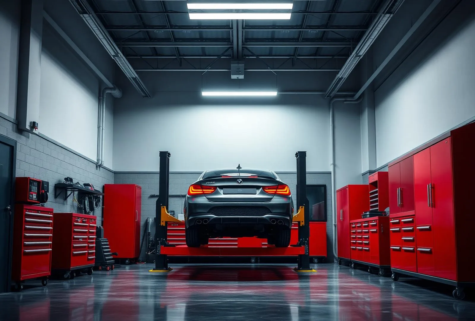 Repair bay with a vehicle on a two post lift